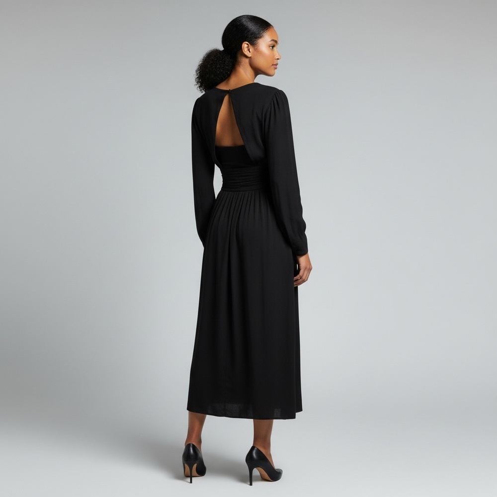 Anthropologie Gwendolyn Deep V-Neck Long Puff Sleeve Black Midi Dress Sz 2 NWOT - Picture 2 of 12